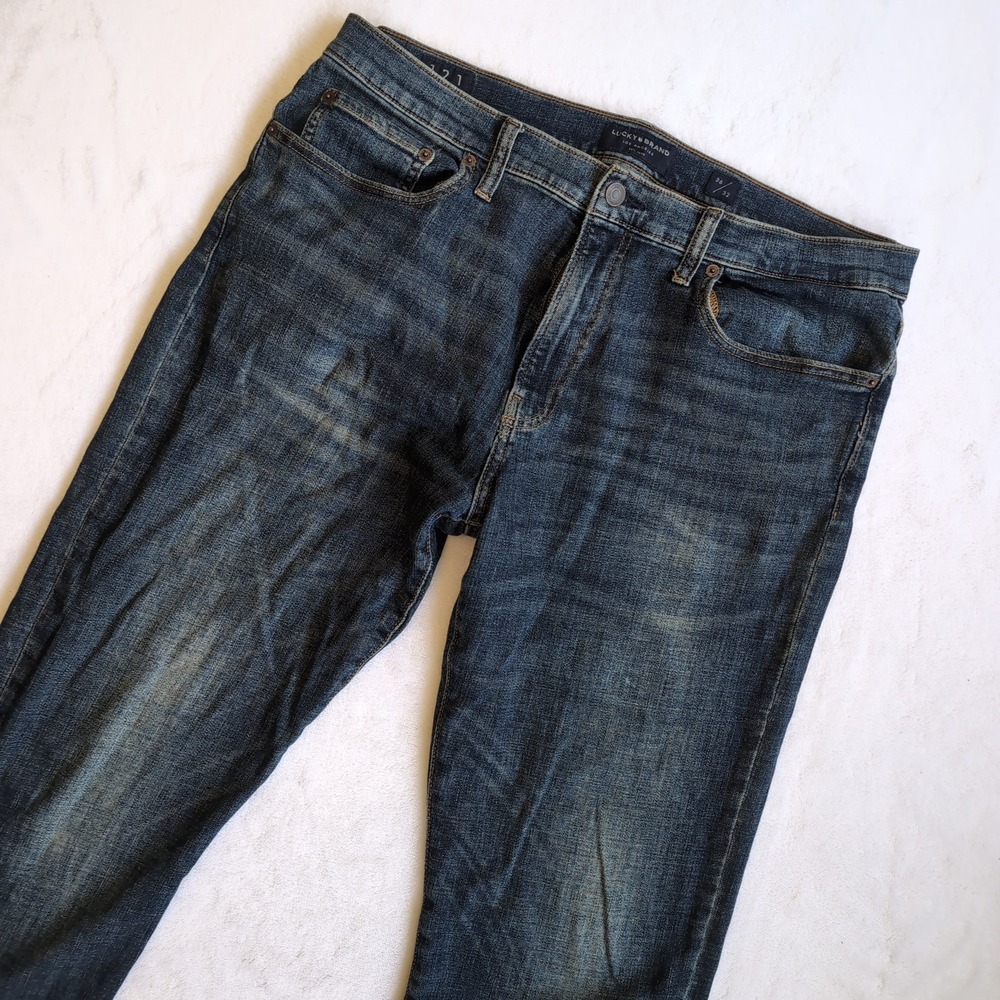 Lucky Brand 121 Slim Straight Jeans Men 36x32 Blue Faded Whiskered Stretch Denim
